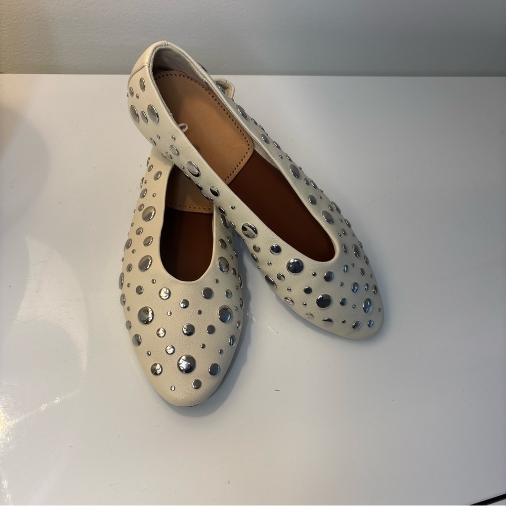 Zara Cream/Ivory Studded Ballet Flats Shoes